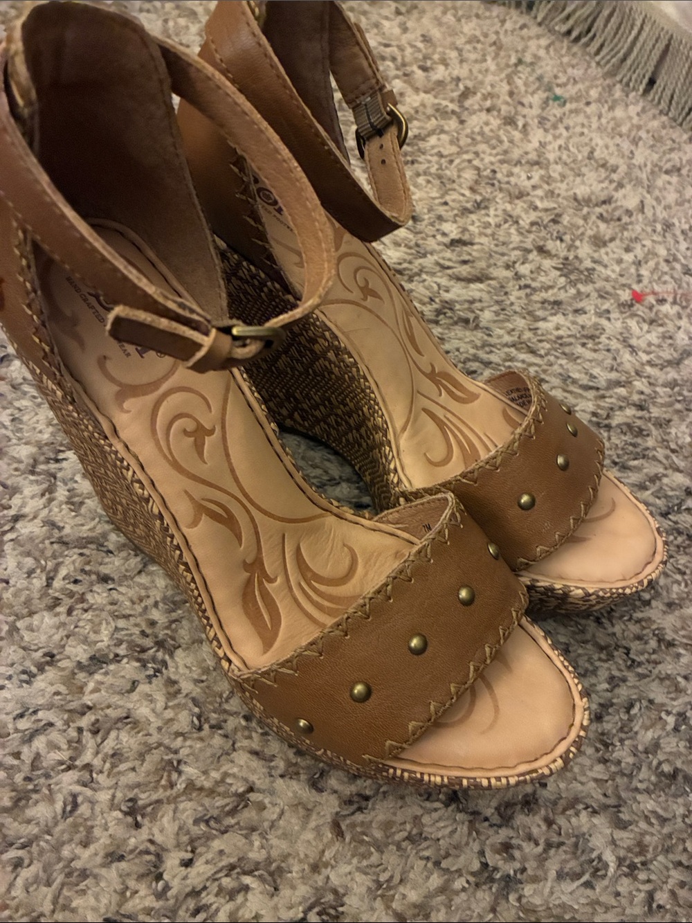 Born Tan Wedge Sandals with Stud Accents